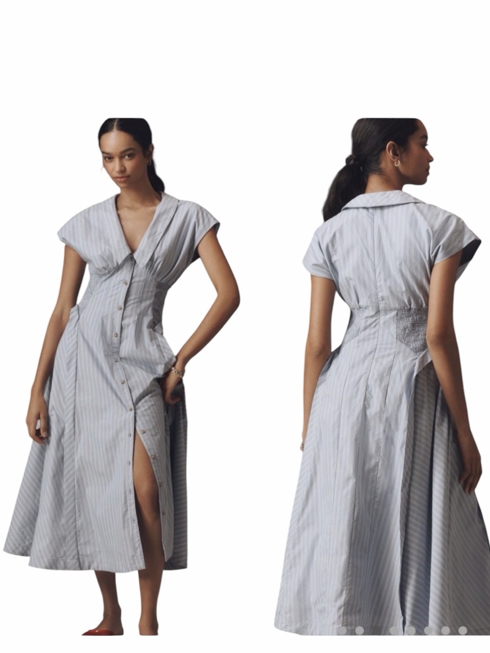 By Anthropologie Dress Women Small Blue White‎ Striped Pleated Midi Preppy Boho